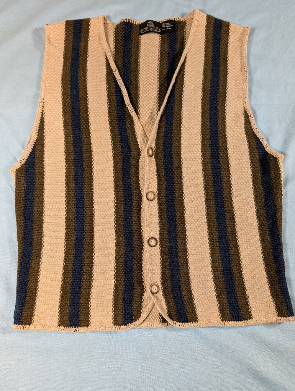 Structure Striped Knit Vest in Beige, Navy & Olive